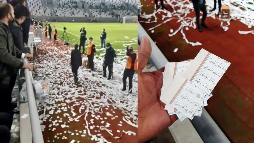 Orduspor-Kırıkkale Büyük Anadoluspor maçında skandal! Kuran-ı Kerim sayfalarını ve Türk bayrağını kesip konfeti yaptılar